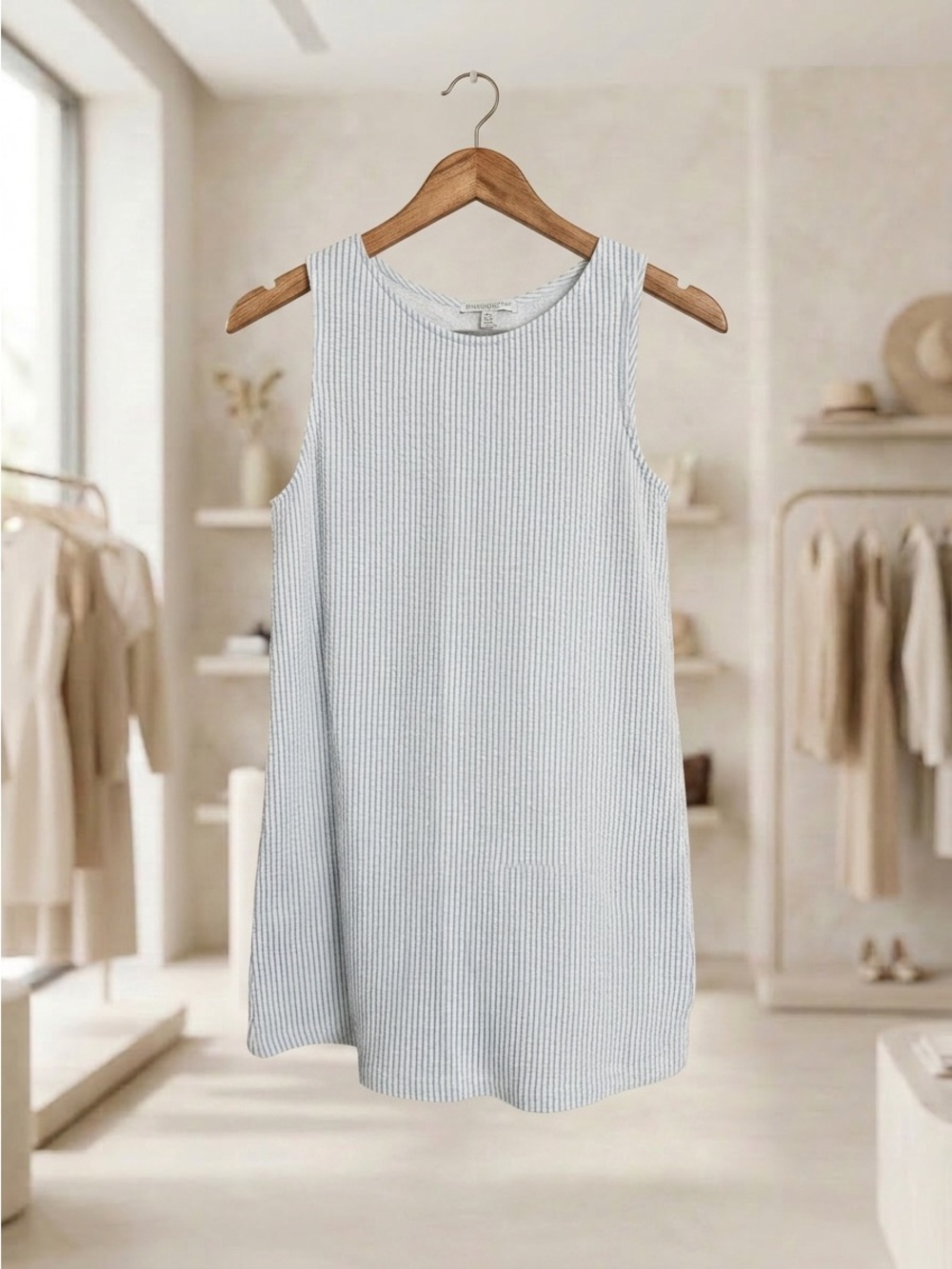 Sleeveless Seersucker Shift Dress in Light Blue